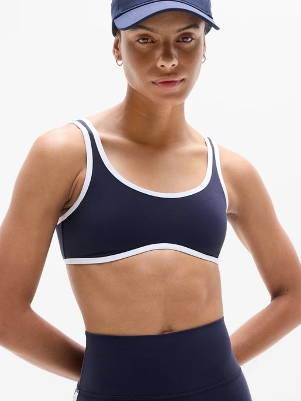 Athleta Transcend Tipped Sports Bra Navy Sports Bra with White Trim